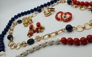 Vintage Red, White & Blue Jewelry Lot – 2 Necklaces + 4 Pairs Pierced Earrings